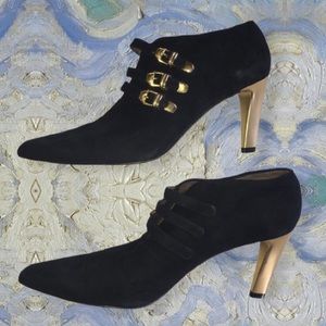 Via Spiga Black Suede Ankle Bootie With Gold Heels